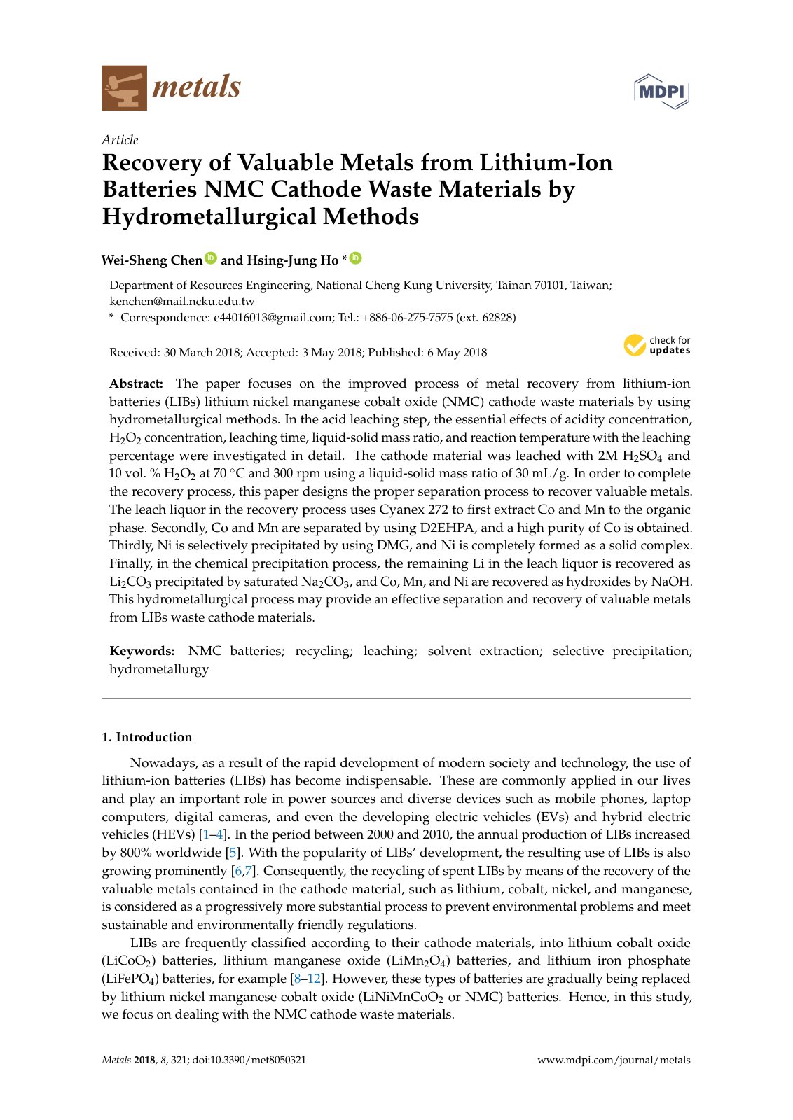 First page of 2018   Chen   Hydrometallurgical recovery from NMC cathodes