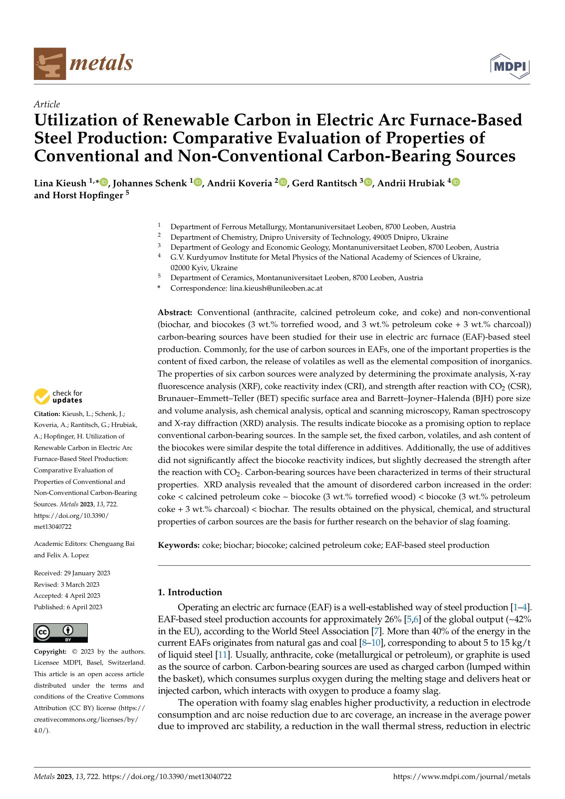 First page of Utilization of Renewable Carbon in Electric Arc Furnace-Based Steel Production: Comparative Evaluation of Properties of Conventional and Non-Conventional Carbon-Bearing Sources