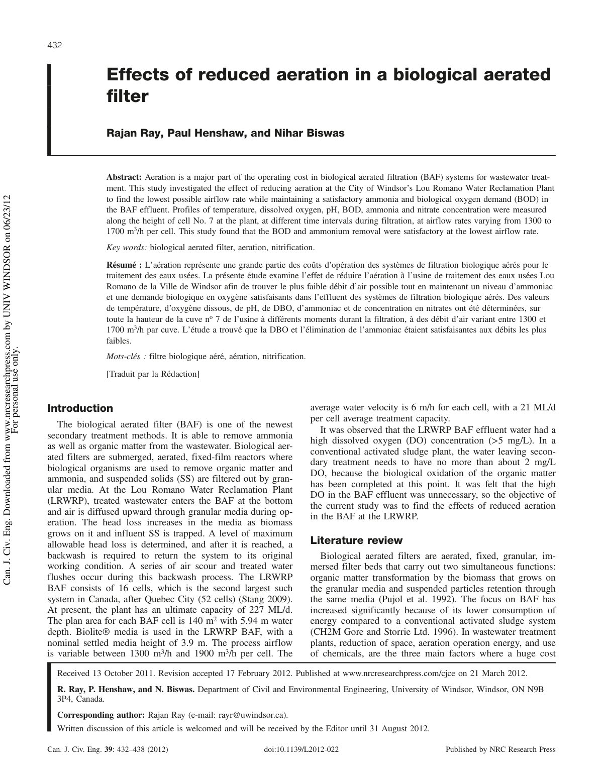 First page of Effects of reduced aeration in a biologi