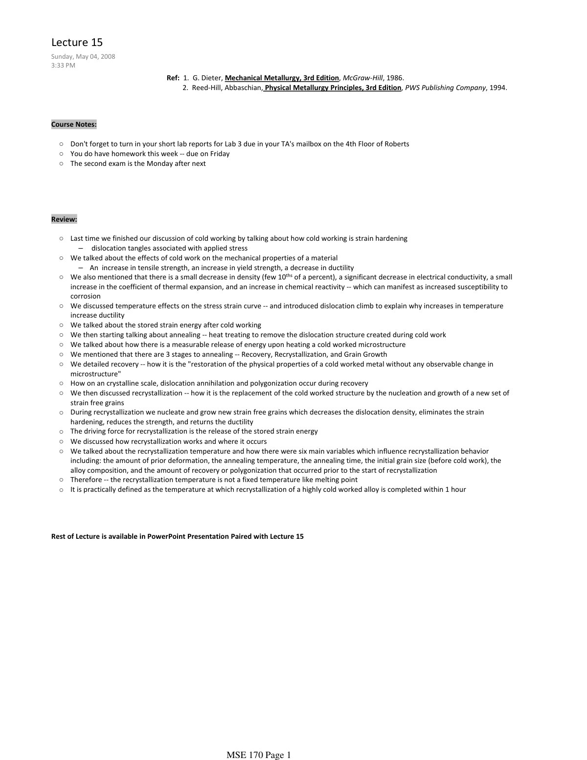 First page of Course&nbsp;Notes: