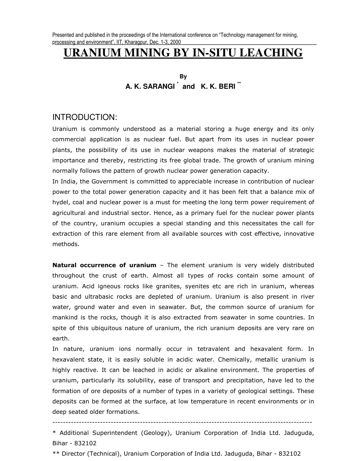 First page of URANIUM MINING BY IN-SITU LEACHING