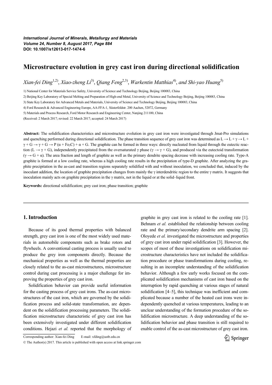 First page of 2017 Ding et al Microstructure Evolution Grey Cast Iron Directional Solidification