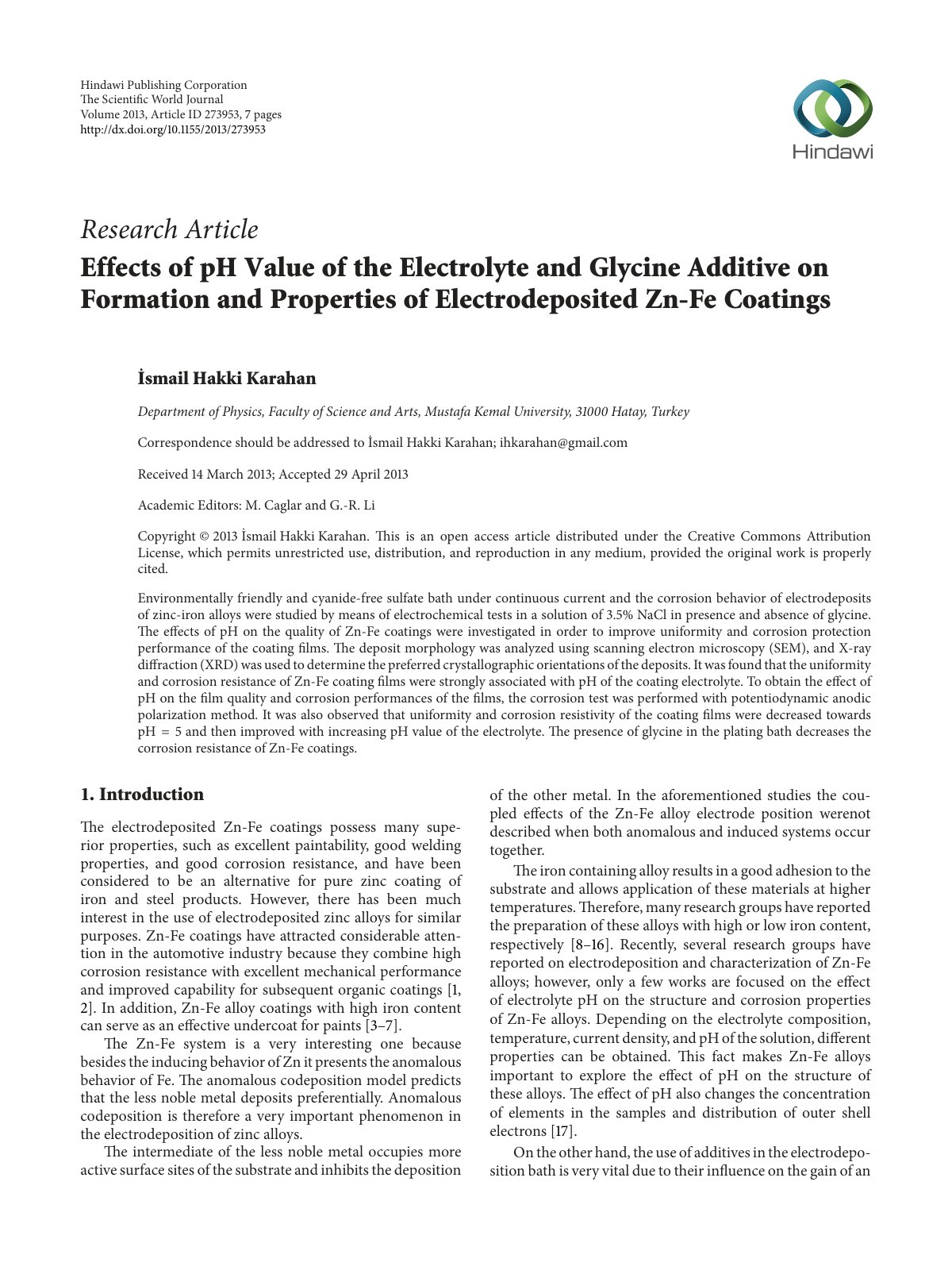 First page of Effects of pH Value of the Electrolyte and Glycine Additive on Formation and Properties of Electrodeposited Zn-Fe Coatings
