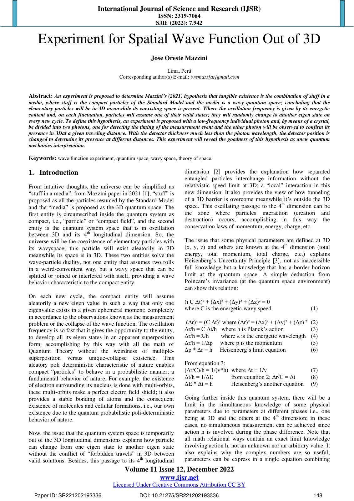 First page of Experiment for Spatial Wave Function Out