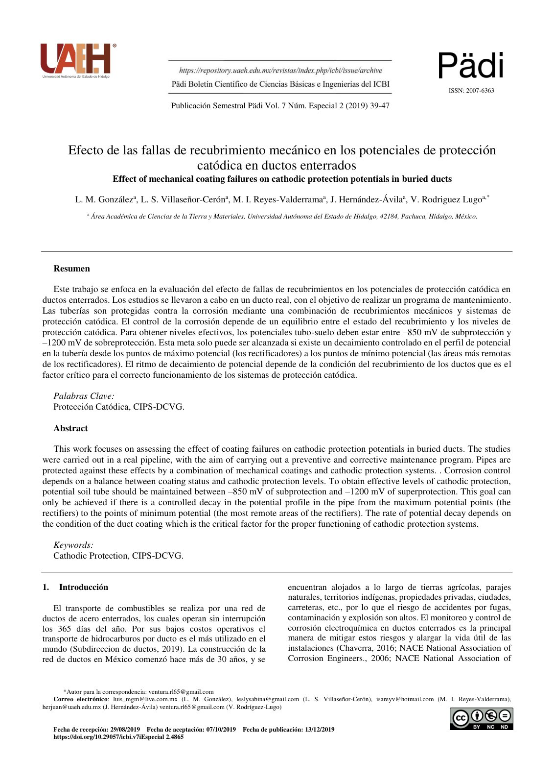 First page of Efecto de las fallas de recubrimiento me