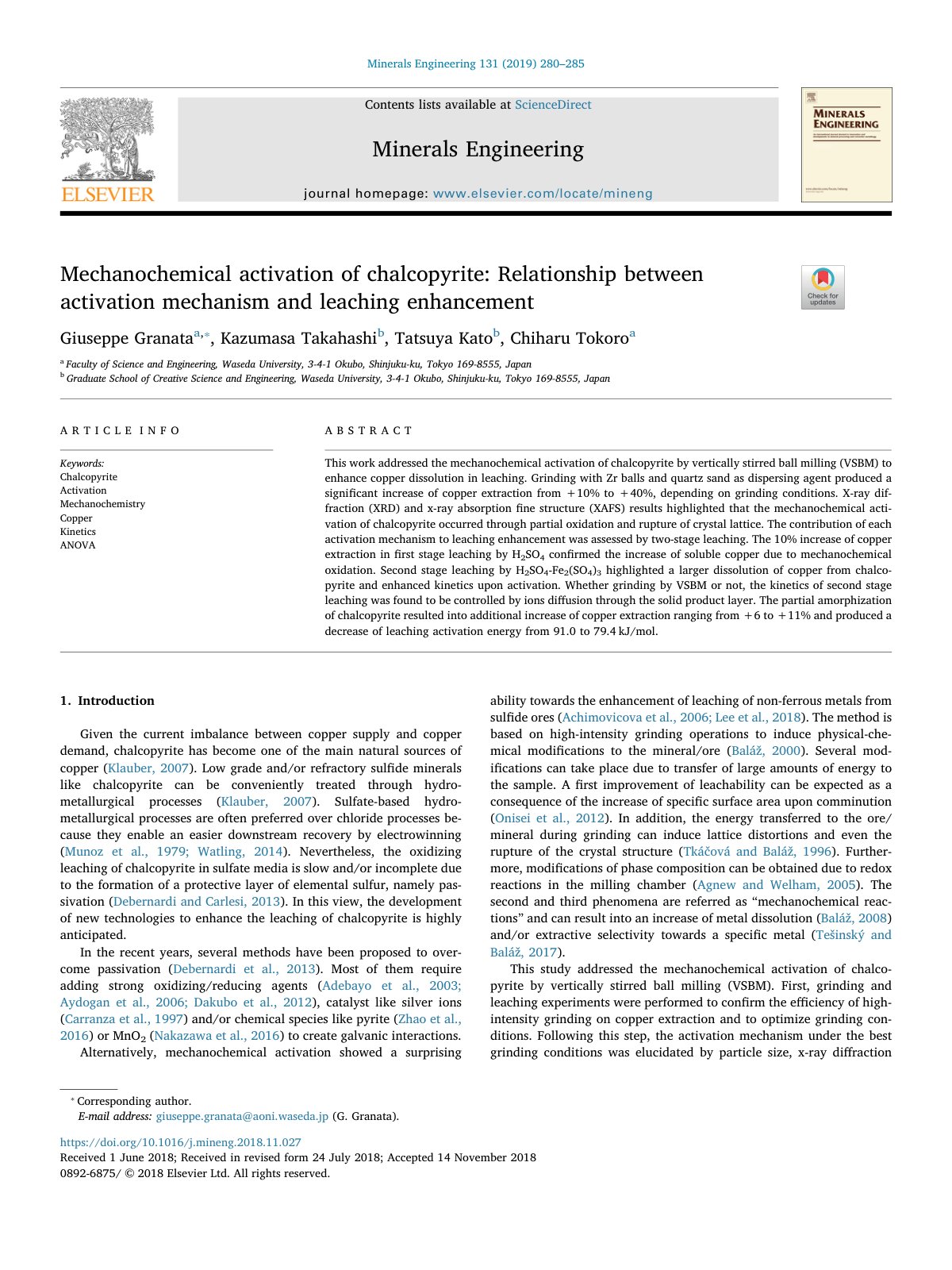 First page of Mechanochemical activation of chalcopyrite: Relationship between activation mechanism and leaching enhancement