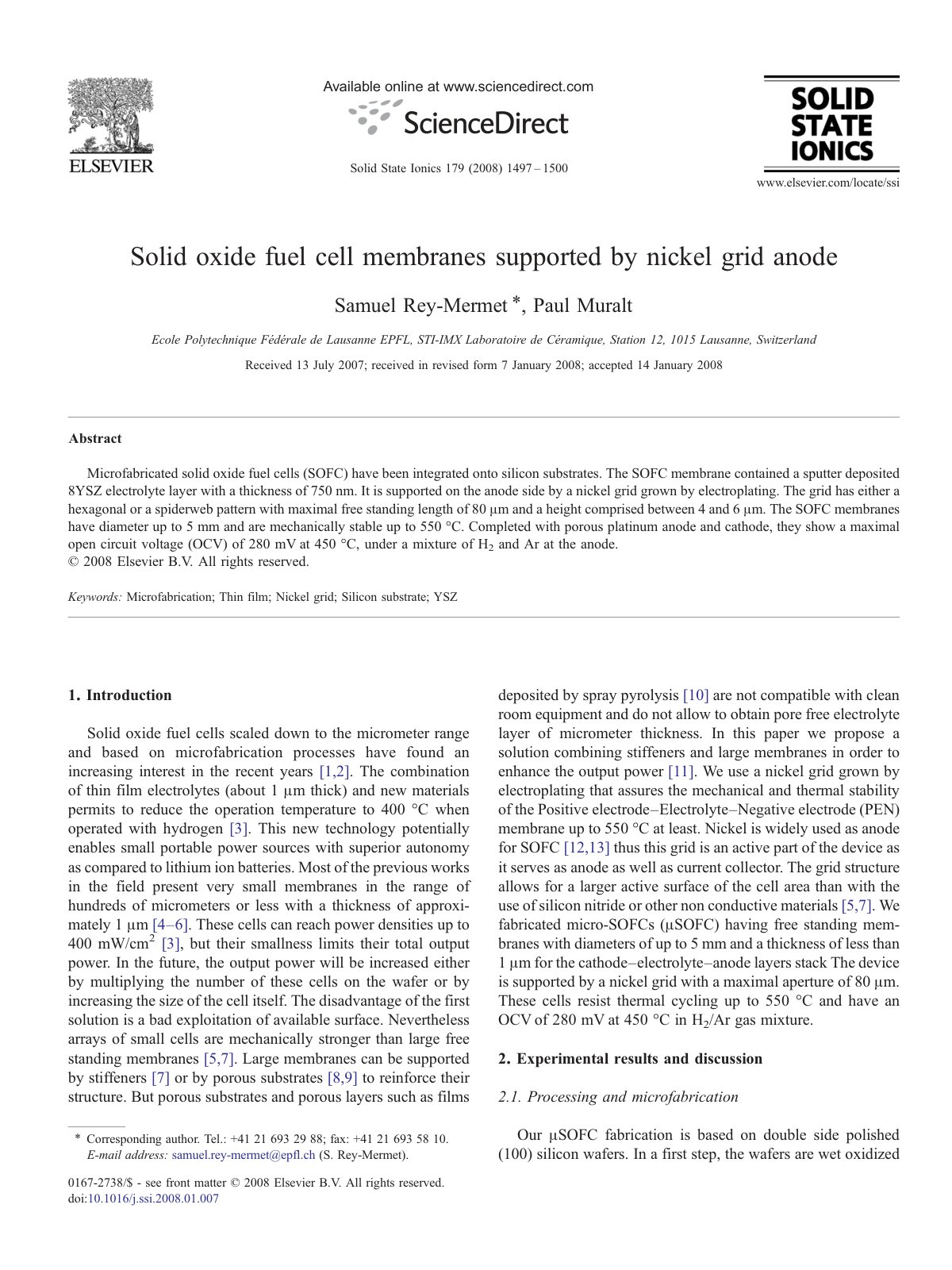 First page of Solid oxide fuel cell membranes supported by nickel grid anode
