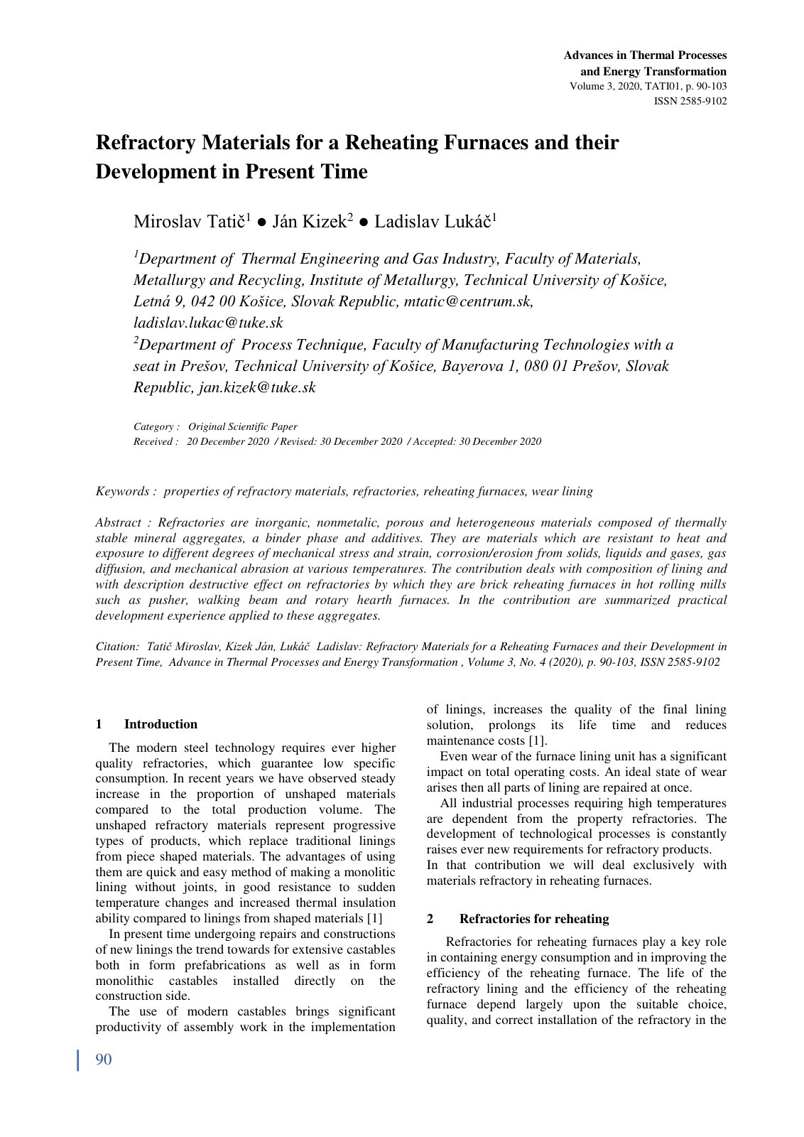 First page of Refractory Materials for a Reheating Fur