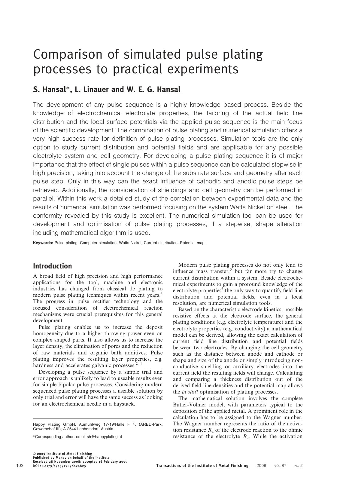 First page of Comparison of simulated pulse plating processes to practical experiments