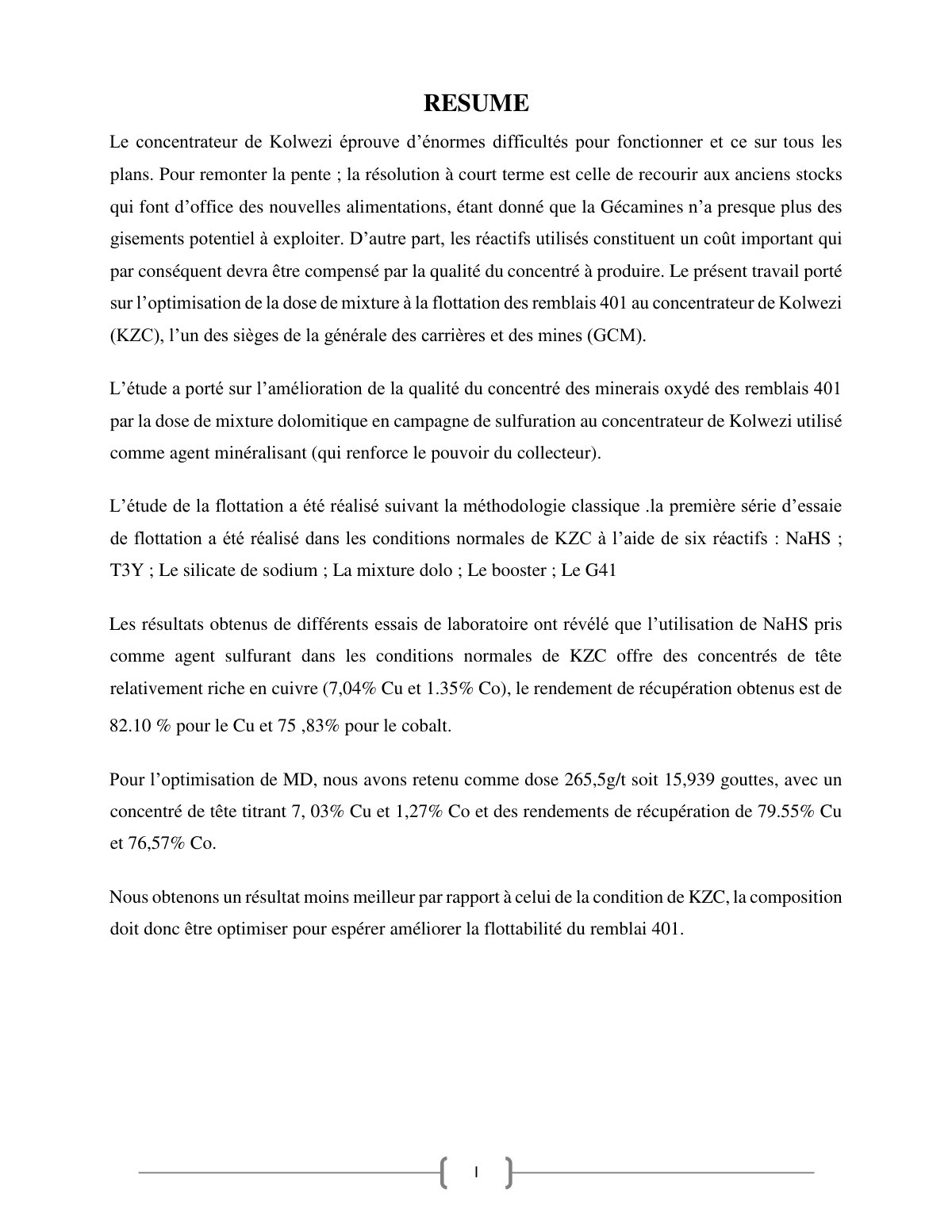 First page of Optimisation de la flottation des remblais 401 au concentrateur de Kolwezi