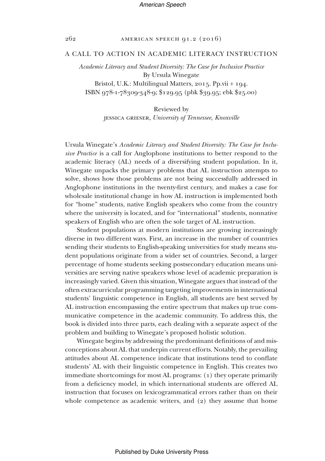 First page of A Call to Action in Academic Literacy In