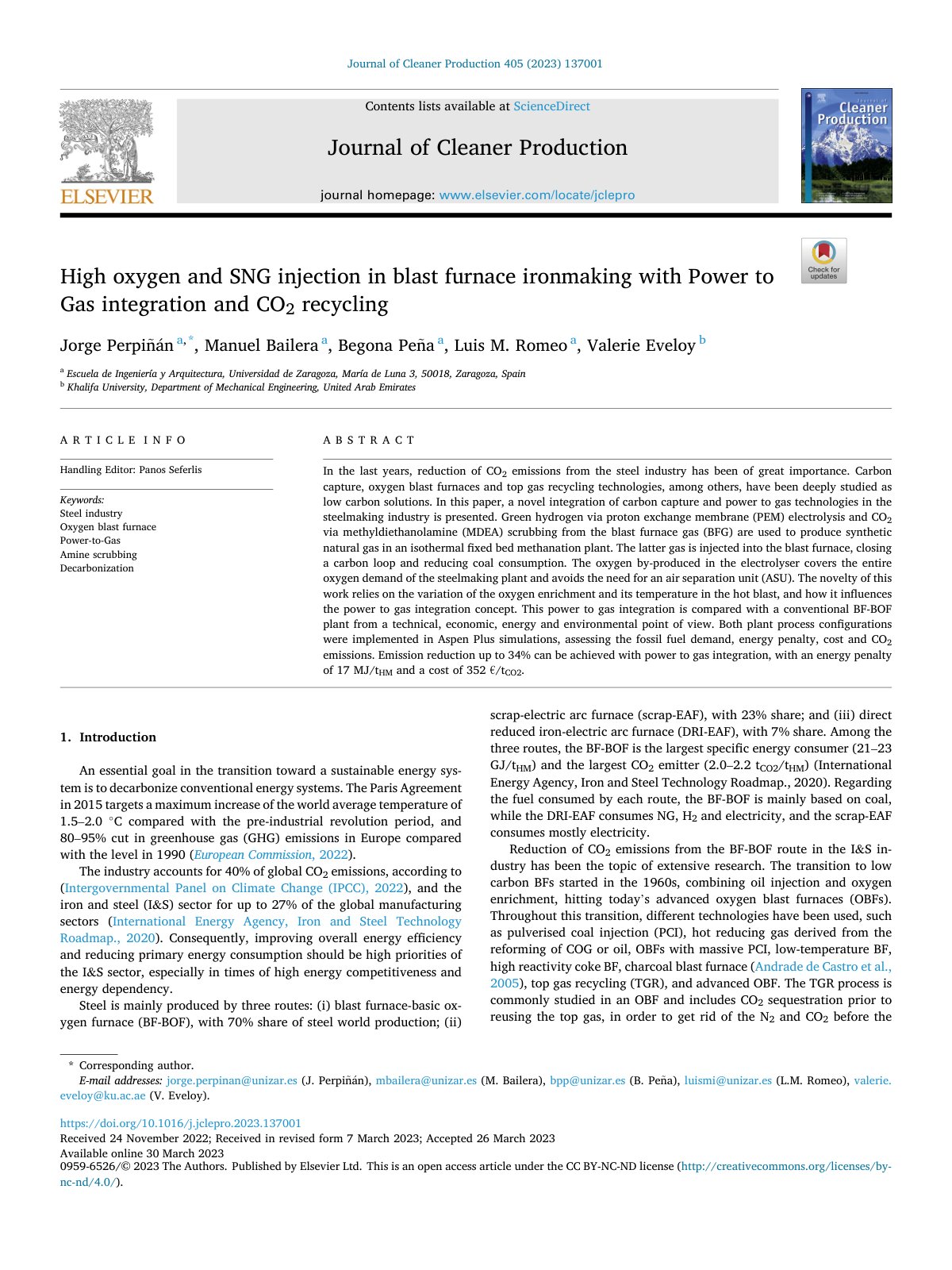 First page of 136 High oxygen and SNG injection in blast furnace ironmaking with Power to Gas integration and CO2 recycling