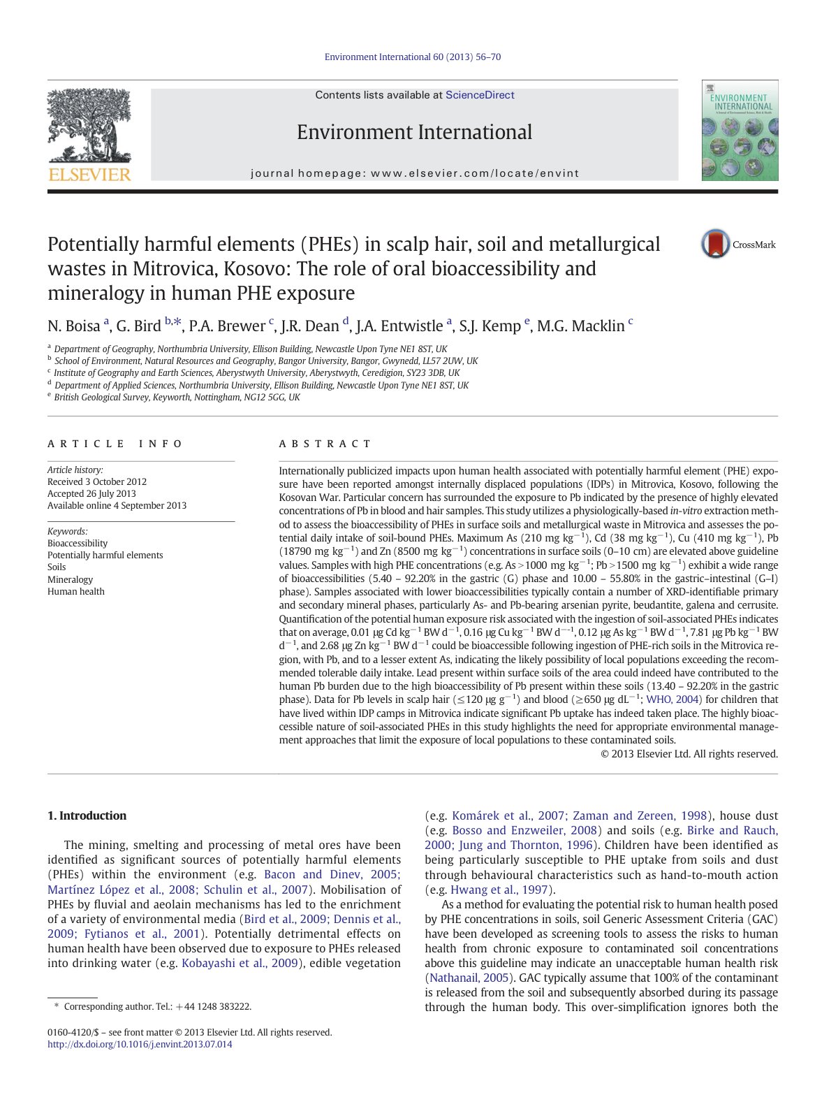 First page of Potentially harmful elements (PHEs) in scalp hair, soil and metallurgical wastes in Mitrovica, Kosovo: The role of oral bioaccessibility and mineralogy in human PHE exposure