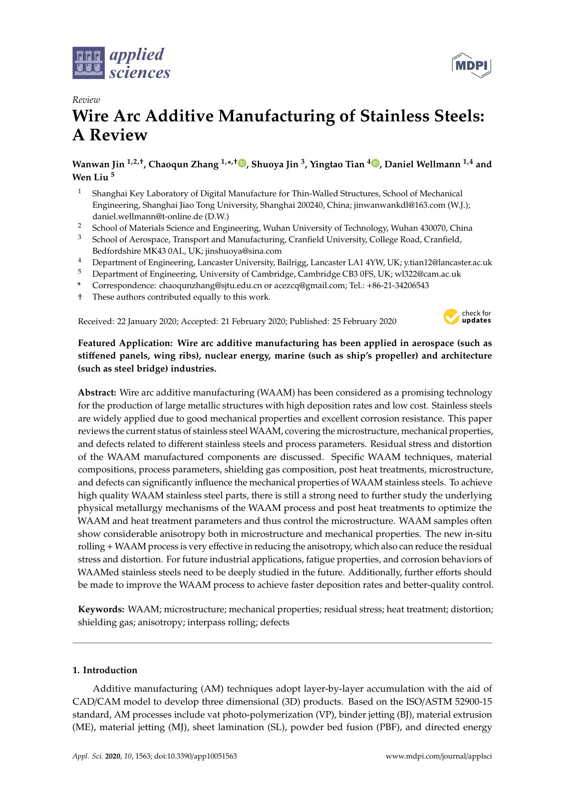 First page of Wire Arc Additive Manufacturing of Stainless Steels: A Review