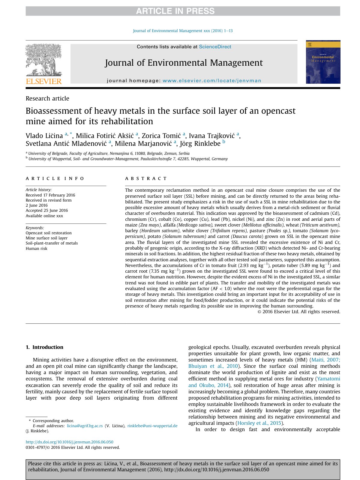 First page of Bioassessment of heavy metals in the surface soil layer of an opencast mine aimed for its rehabilitation