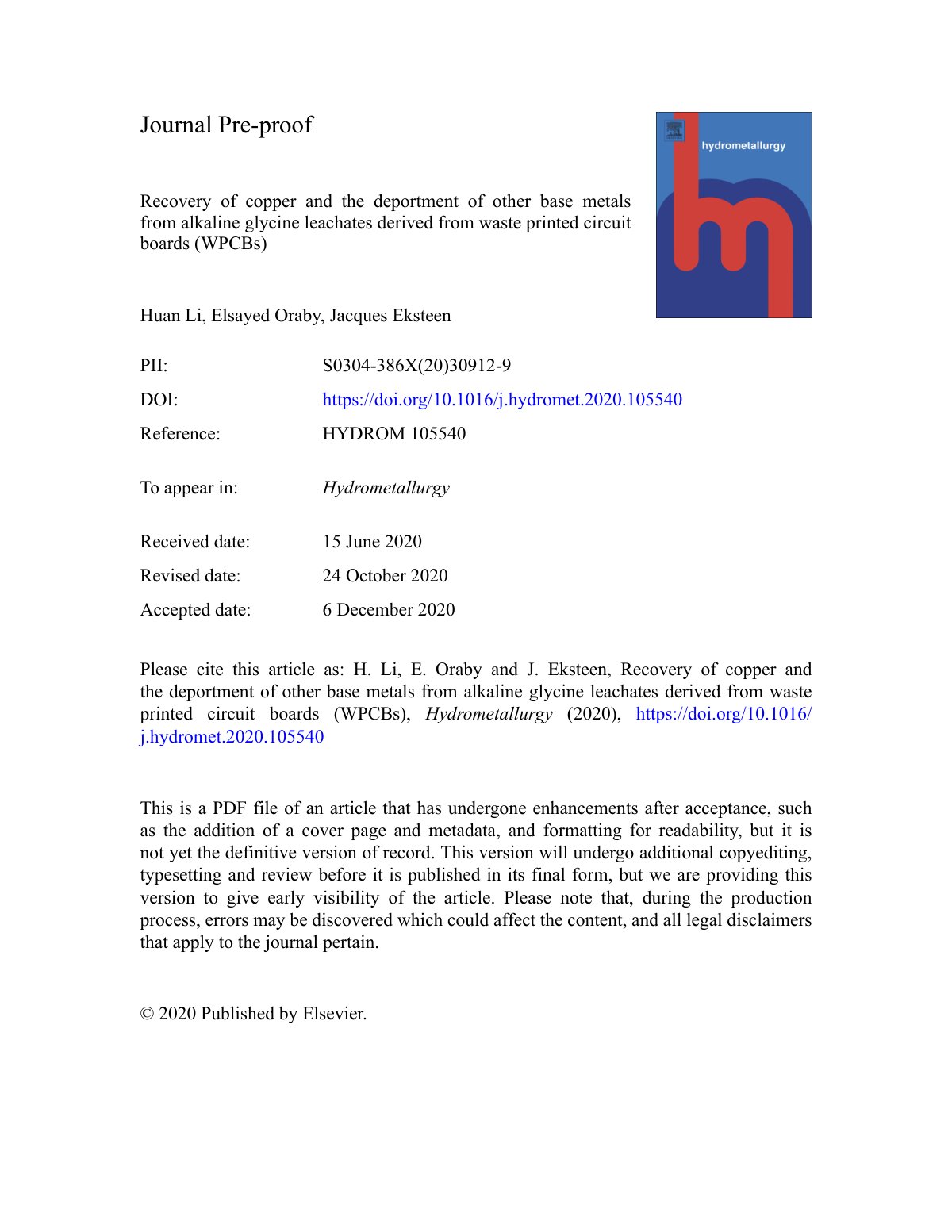 First page of Recovery of copper and the deportment of