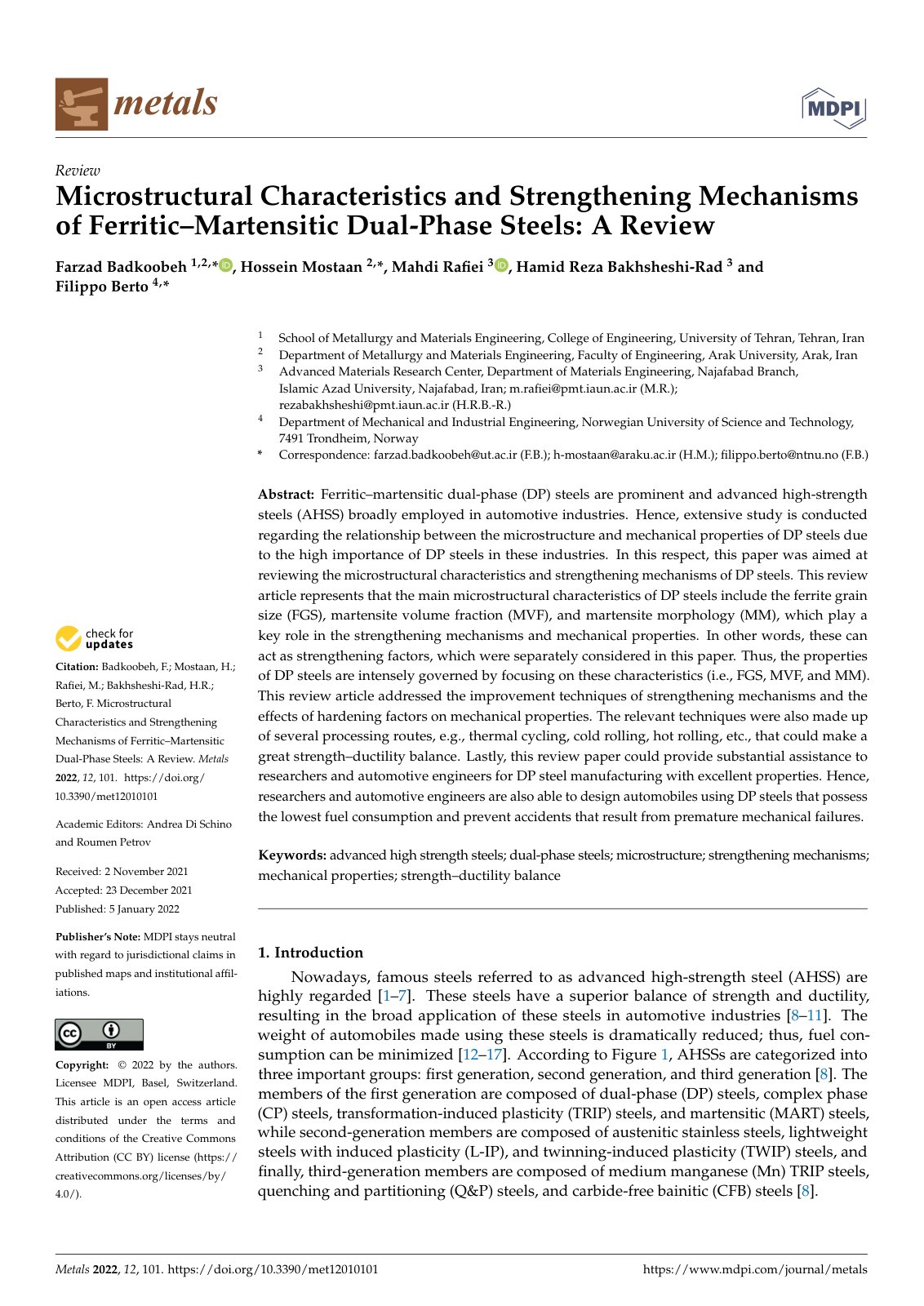 First page of Microstructural Characteristics and Strengthening Mechanisms of Ferritic–Martensitic Dual-Phase Steels: A Review