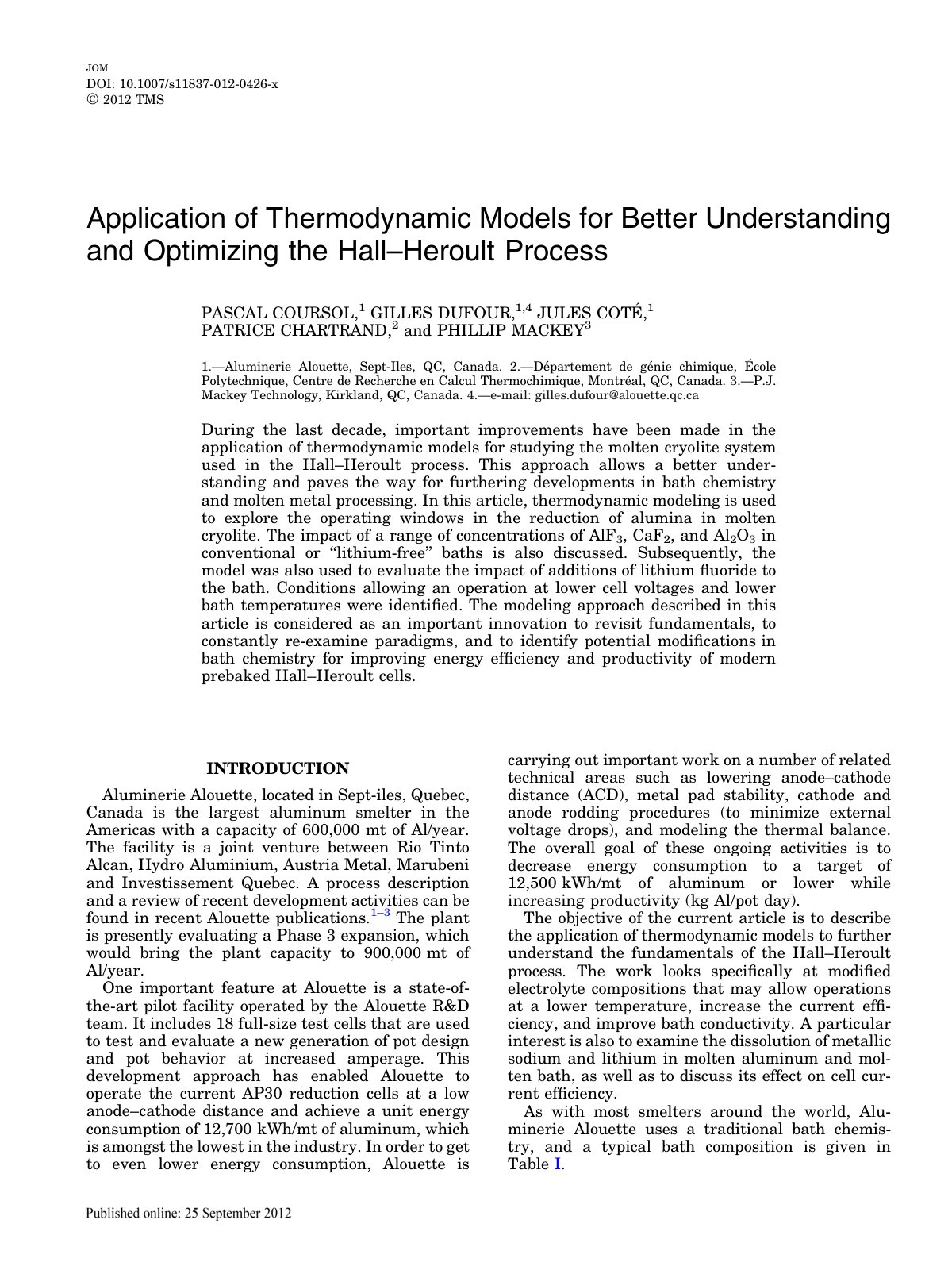 First page of Application of Thermodynamic Models for