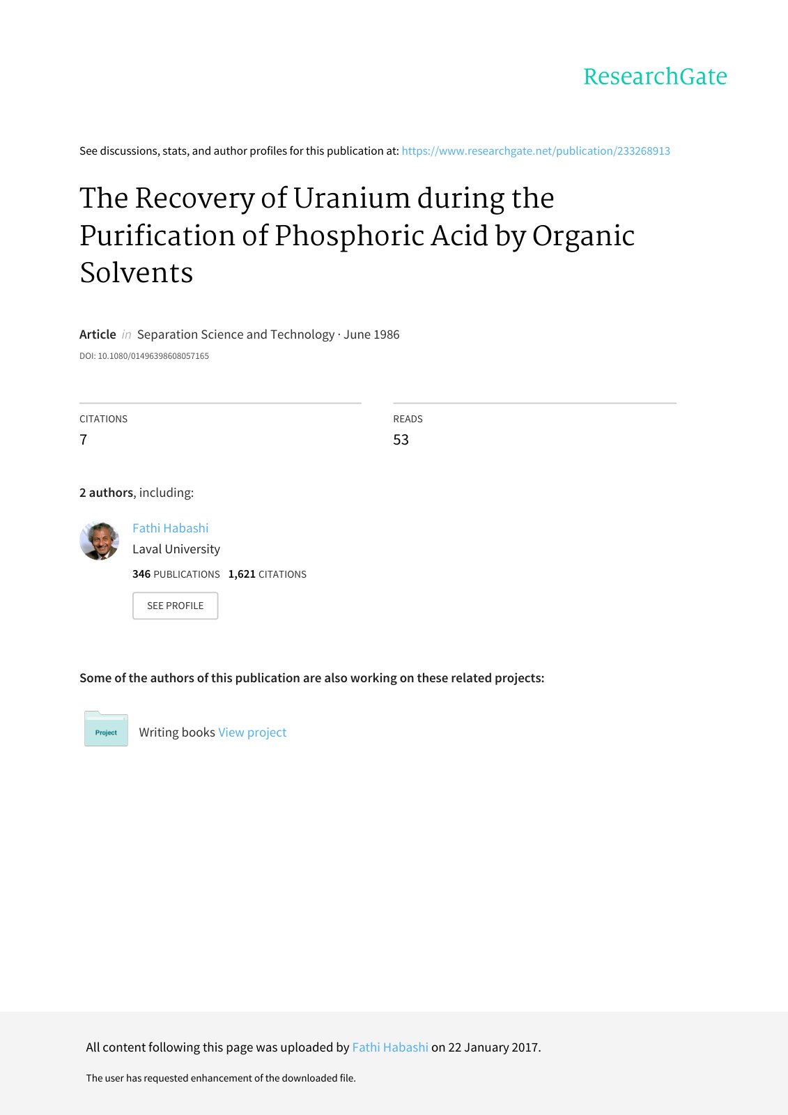 First page of The Recovery of Uranium During the Purif
