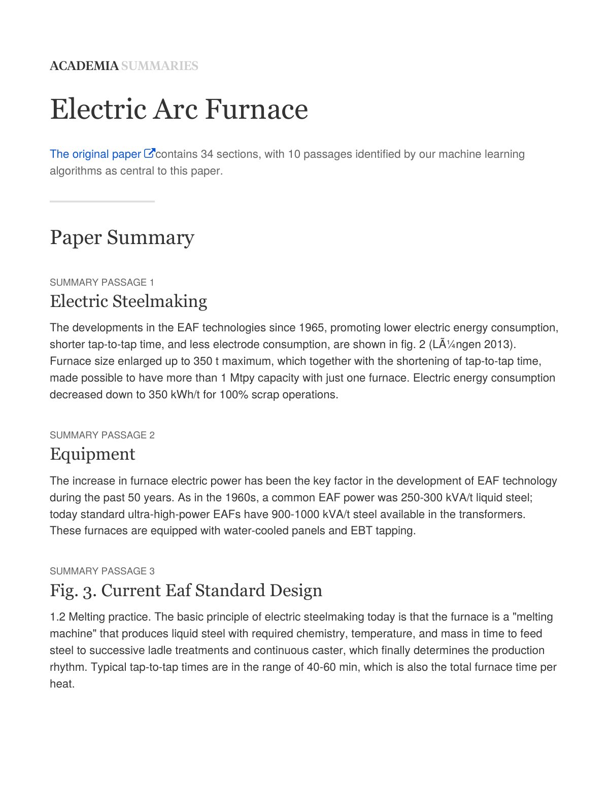 First page of Academia Summary — Electric Arc Furnace