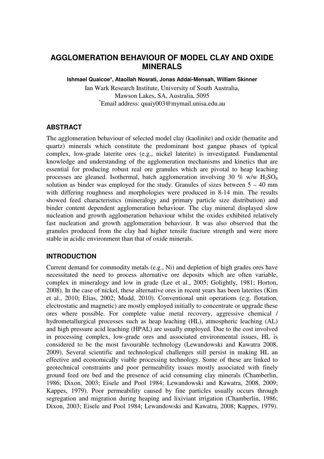 First page of Agglomeration Behaviour of Model Clay an