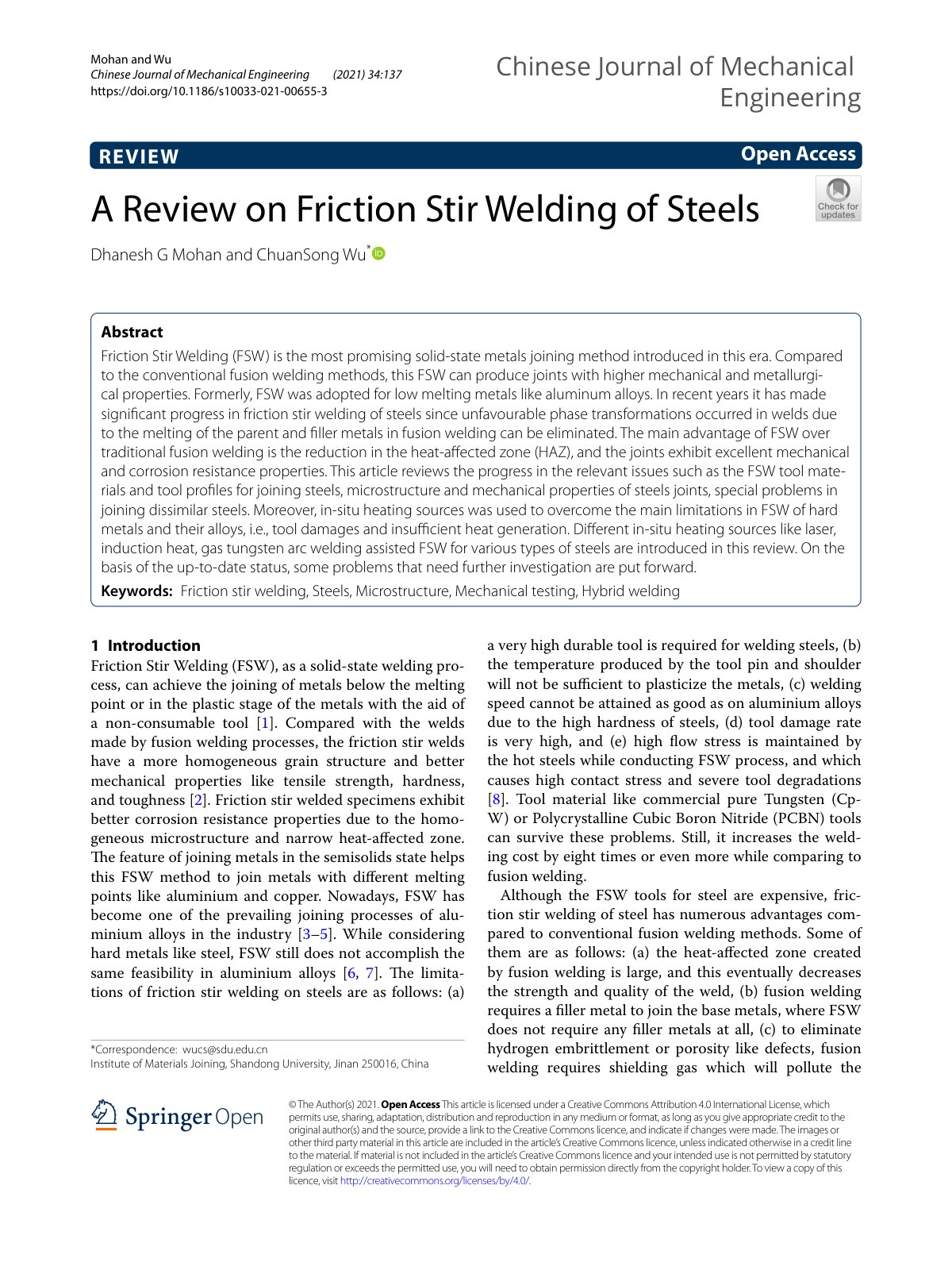 First page of A Review on Friction Stir Welding of Steels