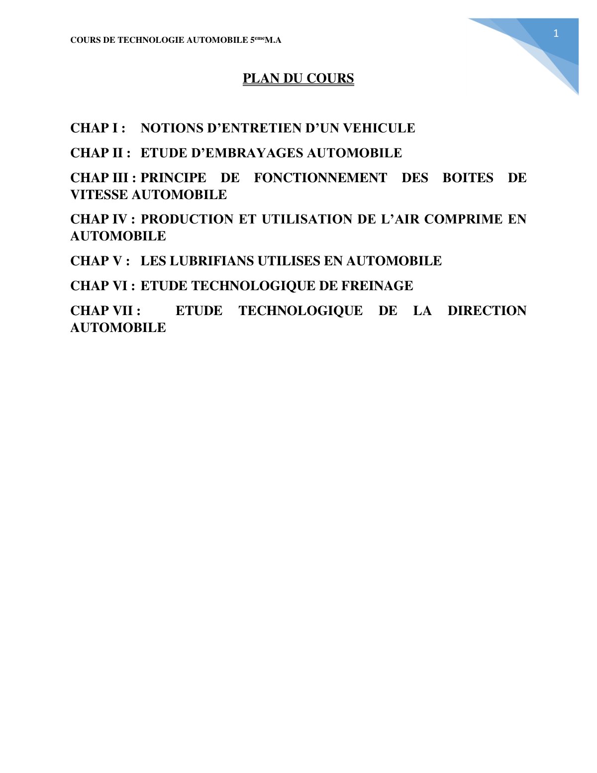 First page of COURS DE TECHNO AUTO 5eme