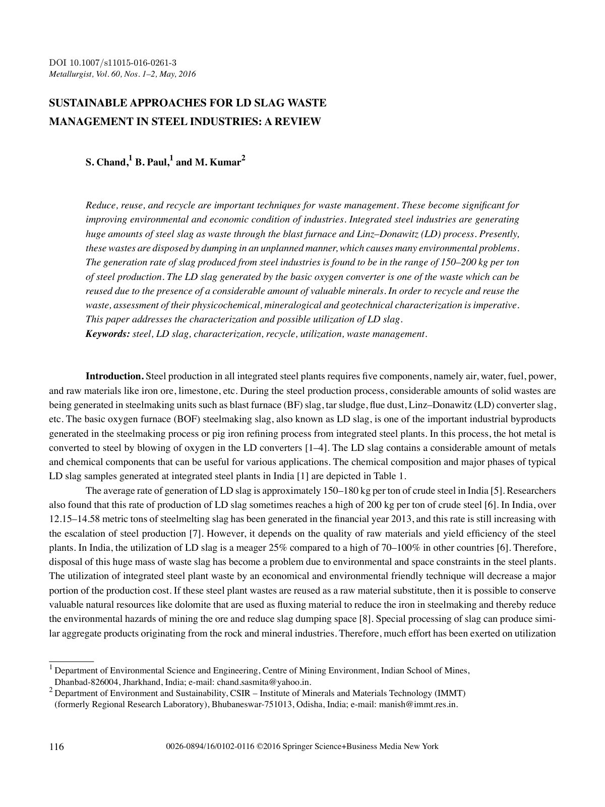First page of Sustainable Approaches for LD Slag Waste Management in Steel Industries: A Review