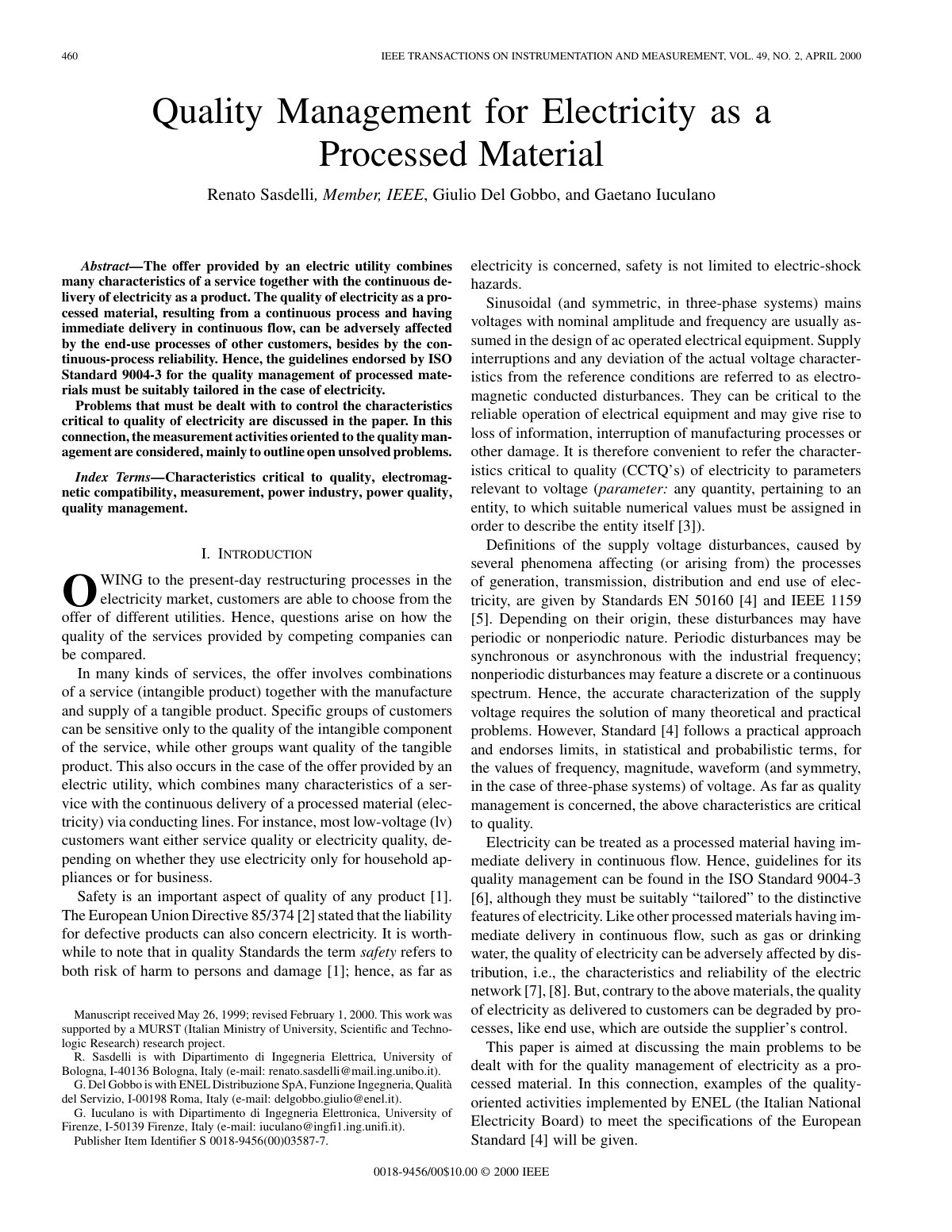 First page of Quality Management for Electricity as a Processed Material