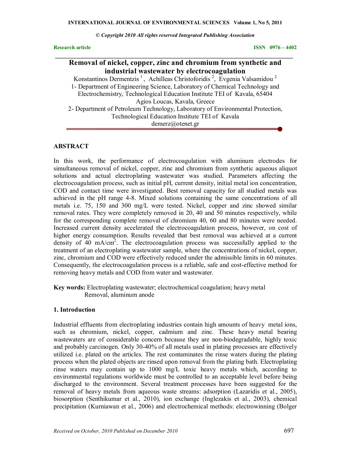 First page of Removal of nickel, copper, zinc and chromium from synthetic and industrial wastewater by electrocoagulation
