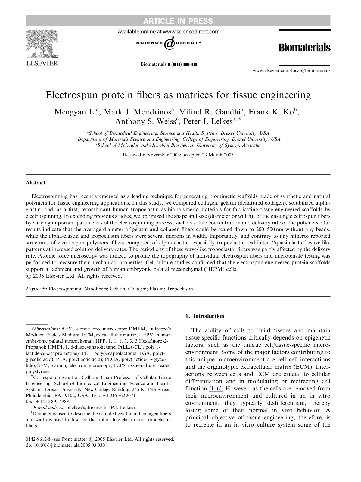 First page of Electrospun protein fibers as matrices f