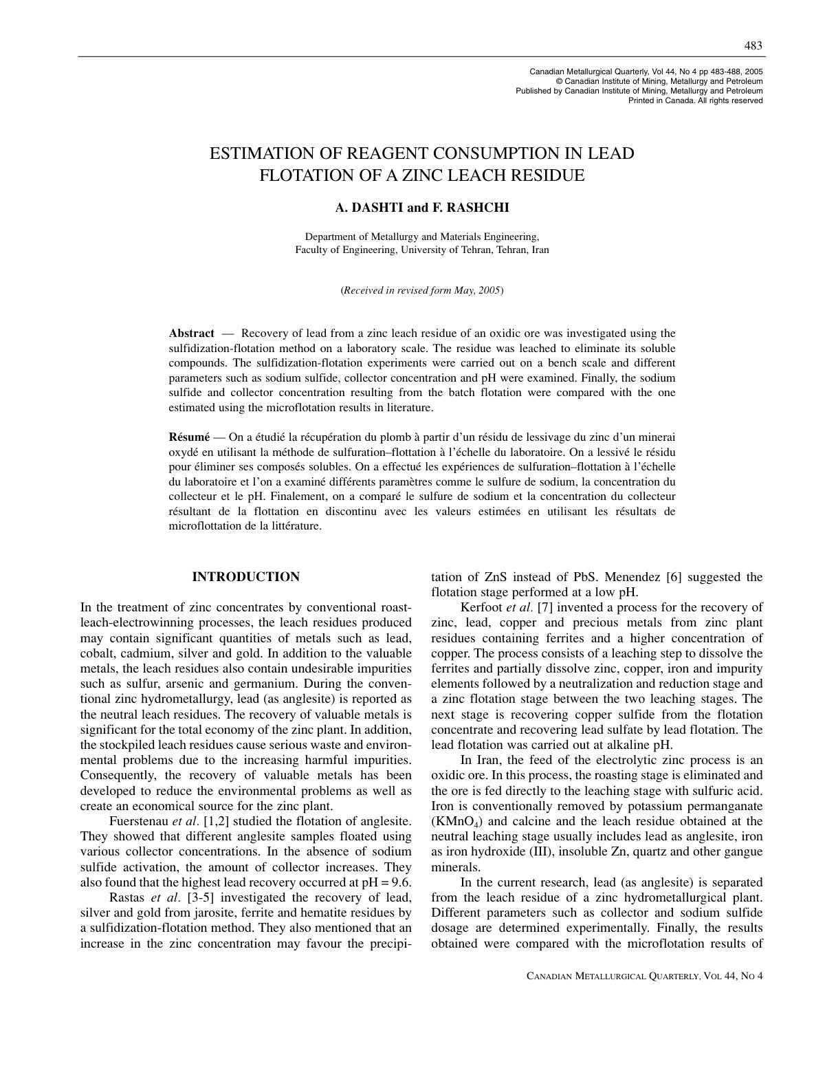 First page of Estimation of reagent consumption in lead flotation of a zinc leach residue