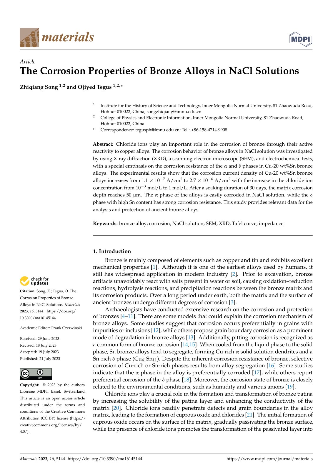 First page of The Corrosion Properties of Bronze Alloys in NaCl Solutions