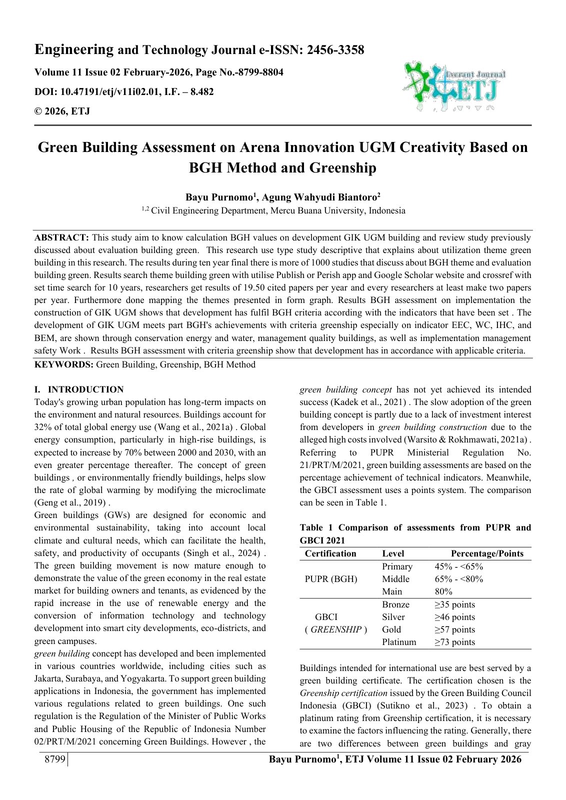 First page of Green Building Assessment on Arena Innovation UGM Creativity Based on  BGH Method and Greenship
