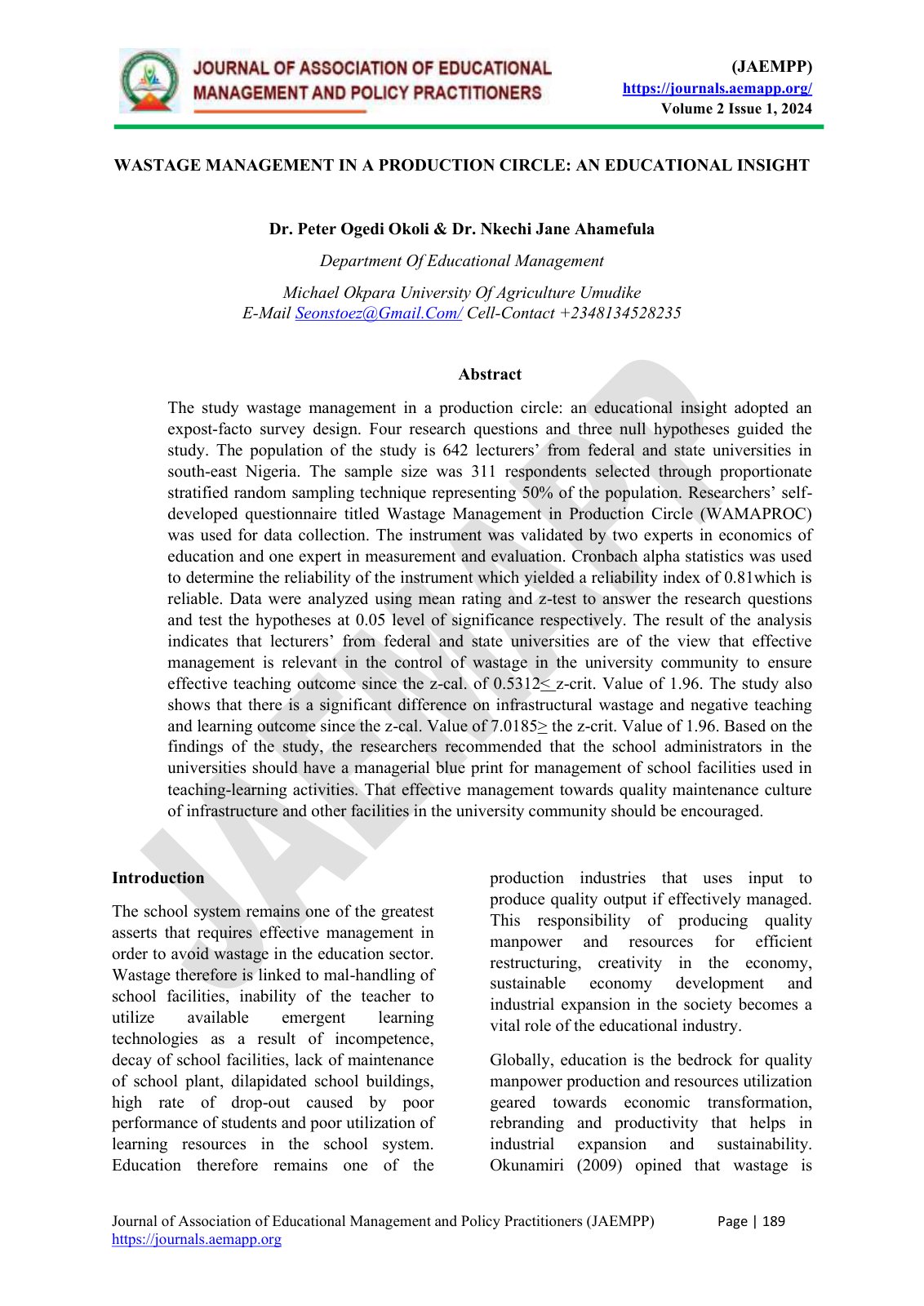 First page of WASTAGEMANAGEMENTINAPRODUCTIONCIRCLEANEDUCATIONALINSIGHT