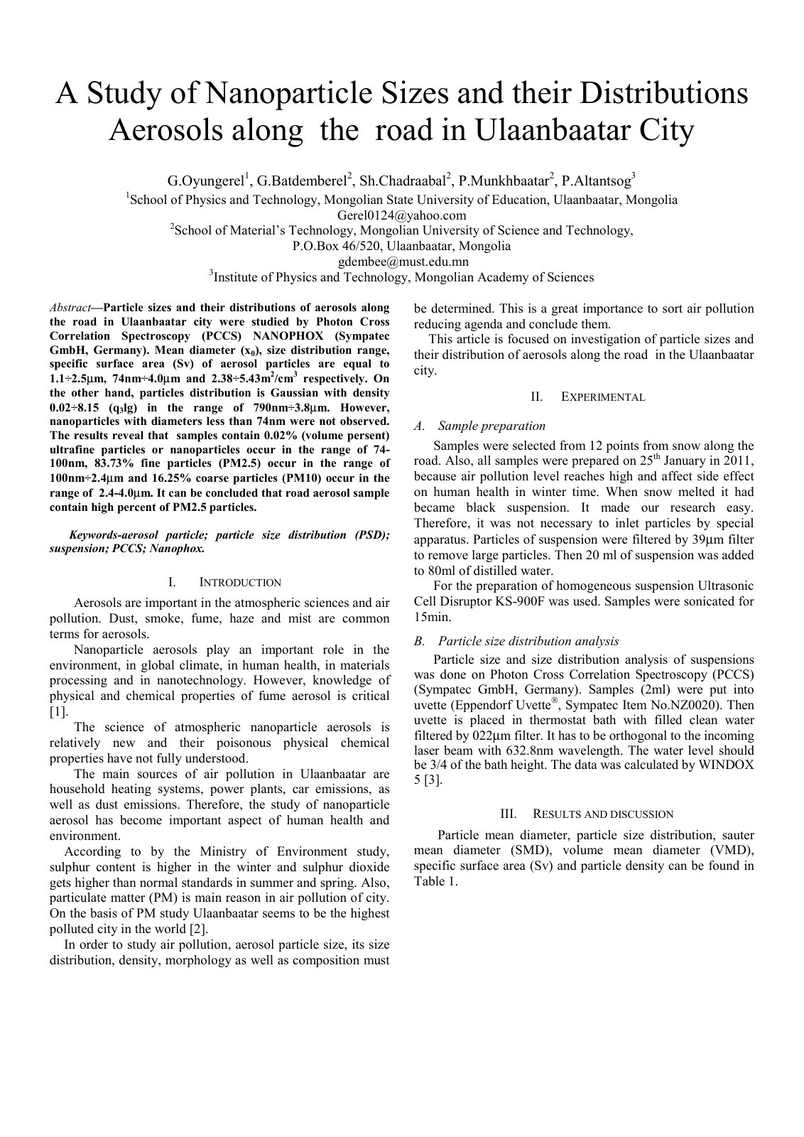 First page of A Study of Nanoparticle Sizes and their Distributions Aerosols along the road in Ulaanbaatar City