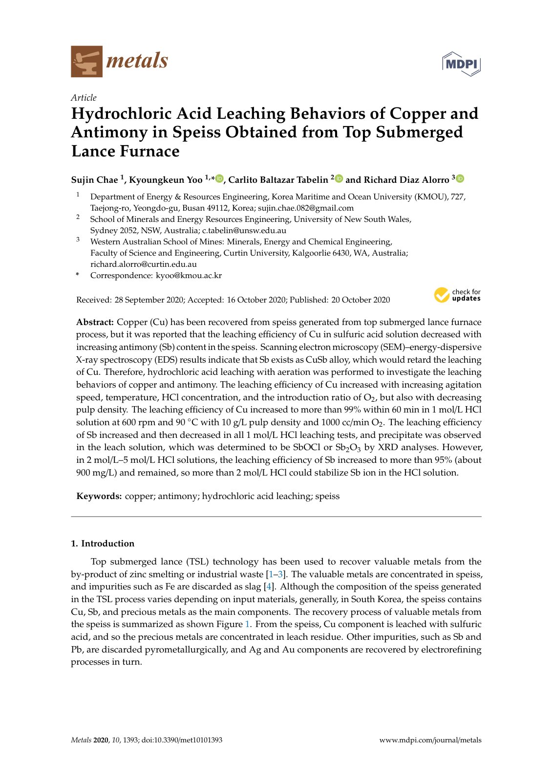 First page of 2020   Chae   Hydrochloric Acid Leaching Behaviors of Copper and Antimony in Speiss Obtained