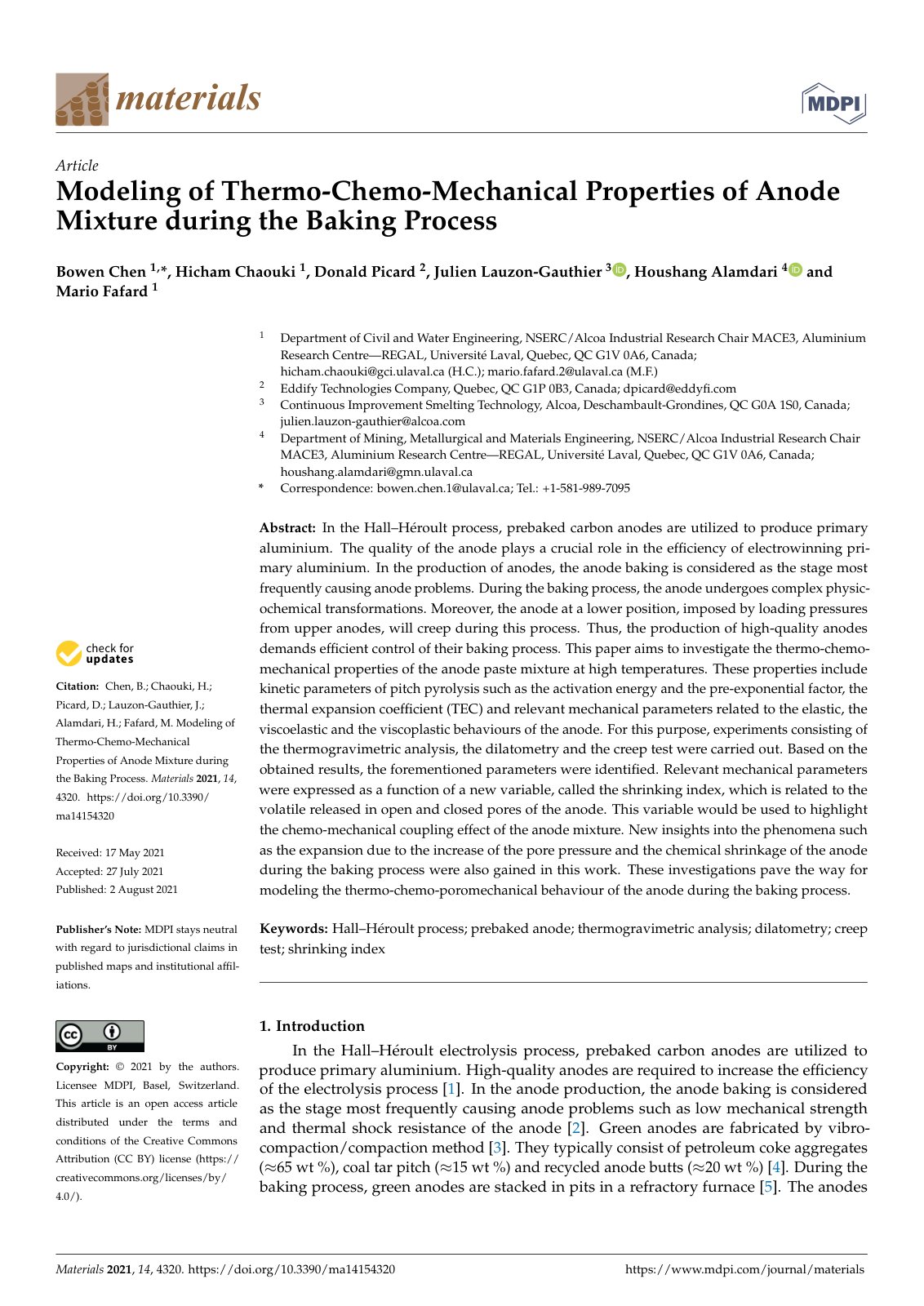 First page of Modeling of Thermo-Chemo-Mechanical Properties of Anode Mixture during the Baking Process
