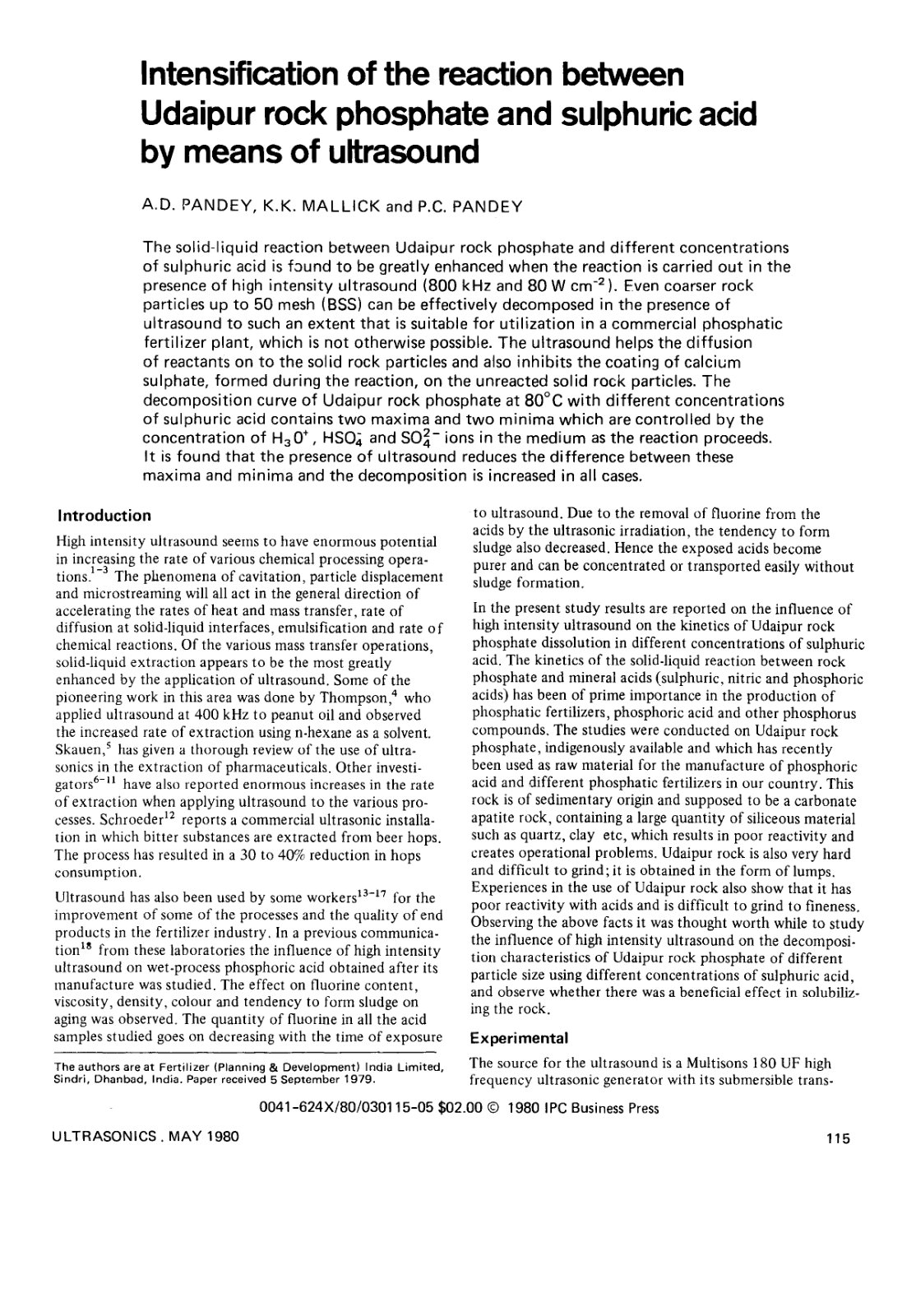 First page of Intensification of the reaction between Udaipur rock phosphate and sulphuric acid by means of ultrasound