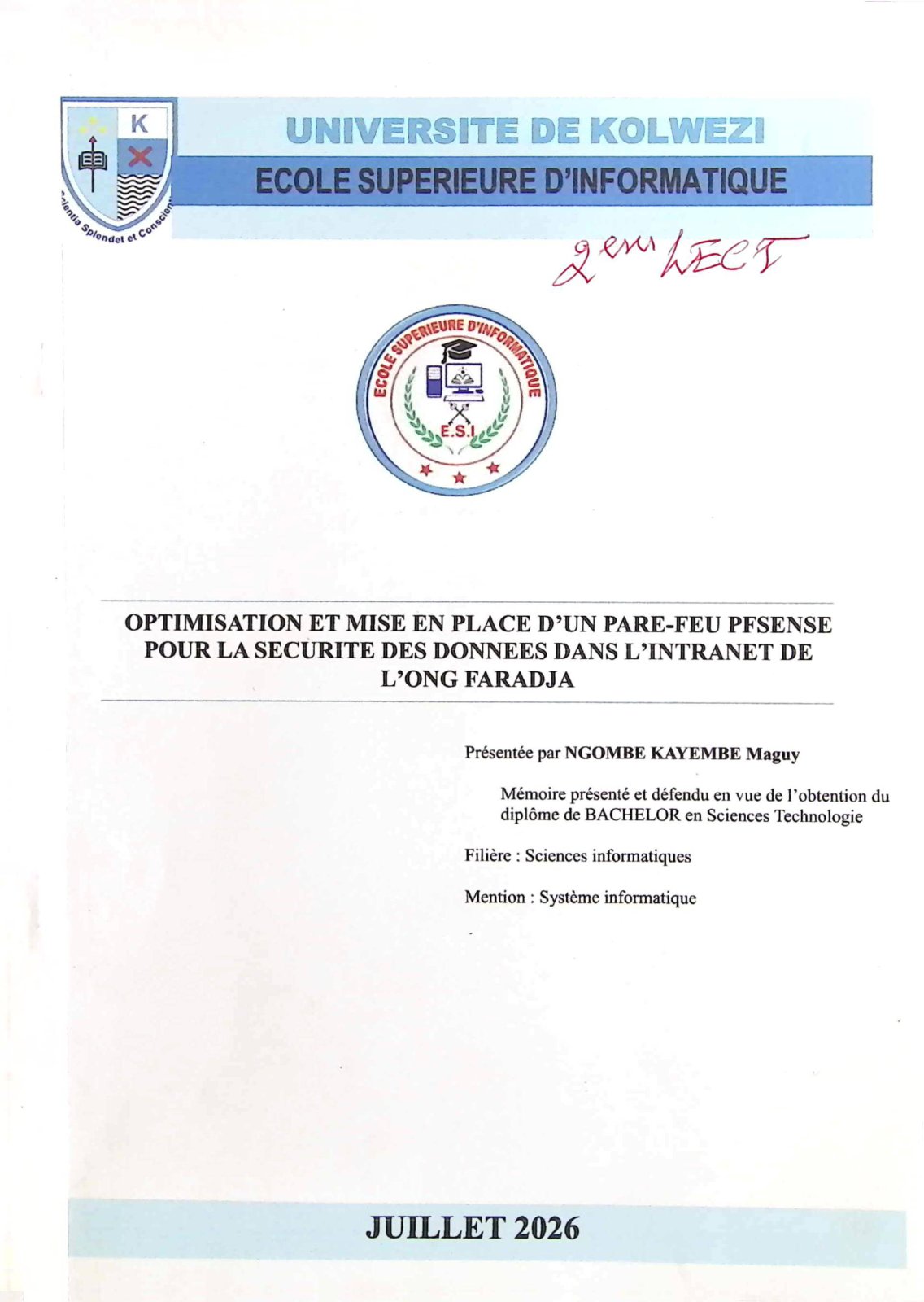 First page of OPTIMISATION ET MISE EN PLACE D'UN PARE-FEU PFSENSE POUR LA SECURITE DES DONNEES DANS L'INTRANET DE L'ONG FARADJA