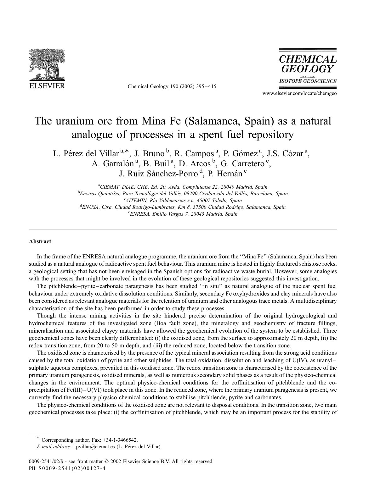 First page of The uranium ore from Mina Fe (Salamanca, Spain) as a natural analogue of processes in a spent fuel repository