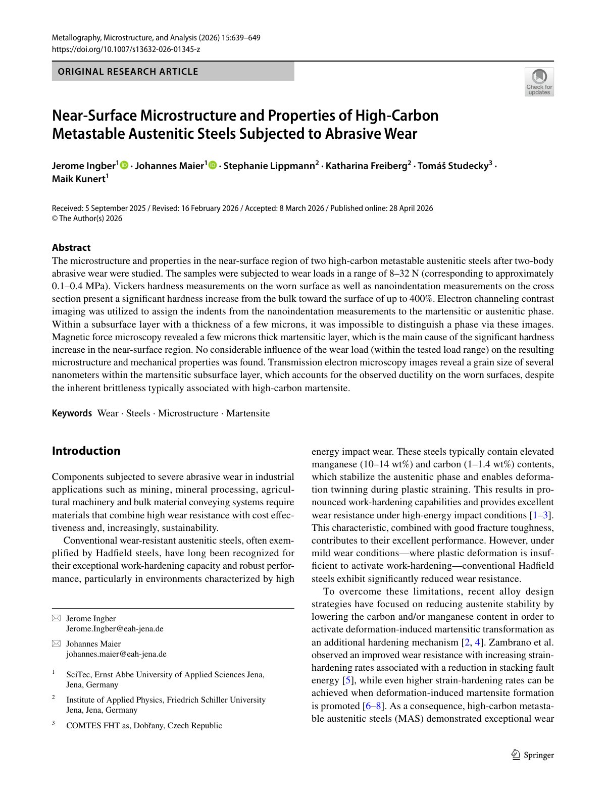 First page of 2026 Ingber Abrasive Wear Near Surface Microstructure