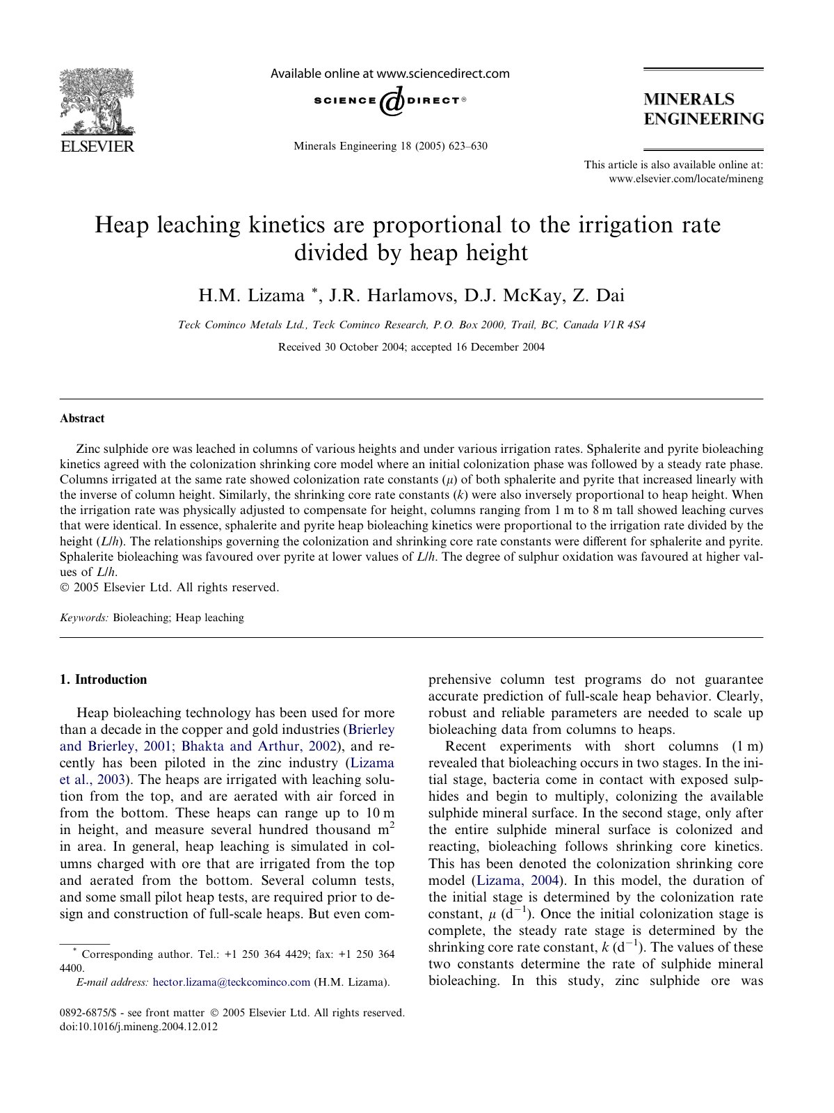 First page of Heap leaching kinetics are proportional to the irrigation rate divided by heap height