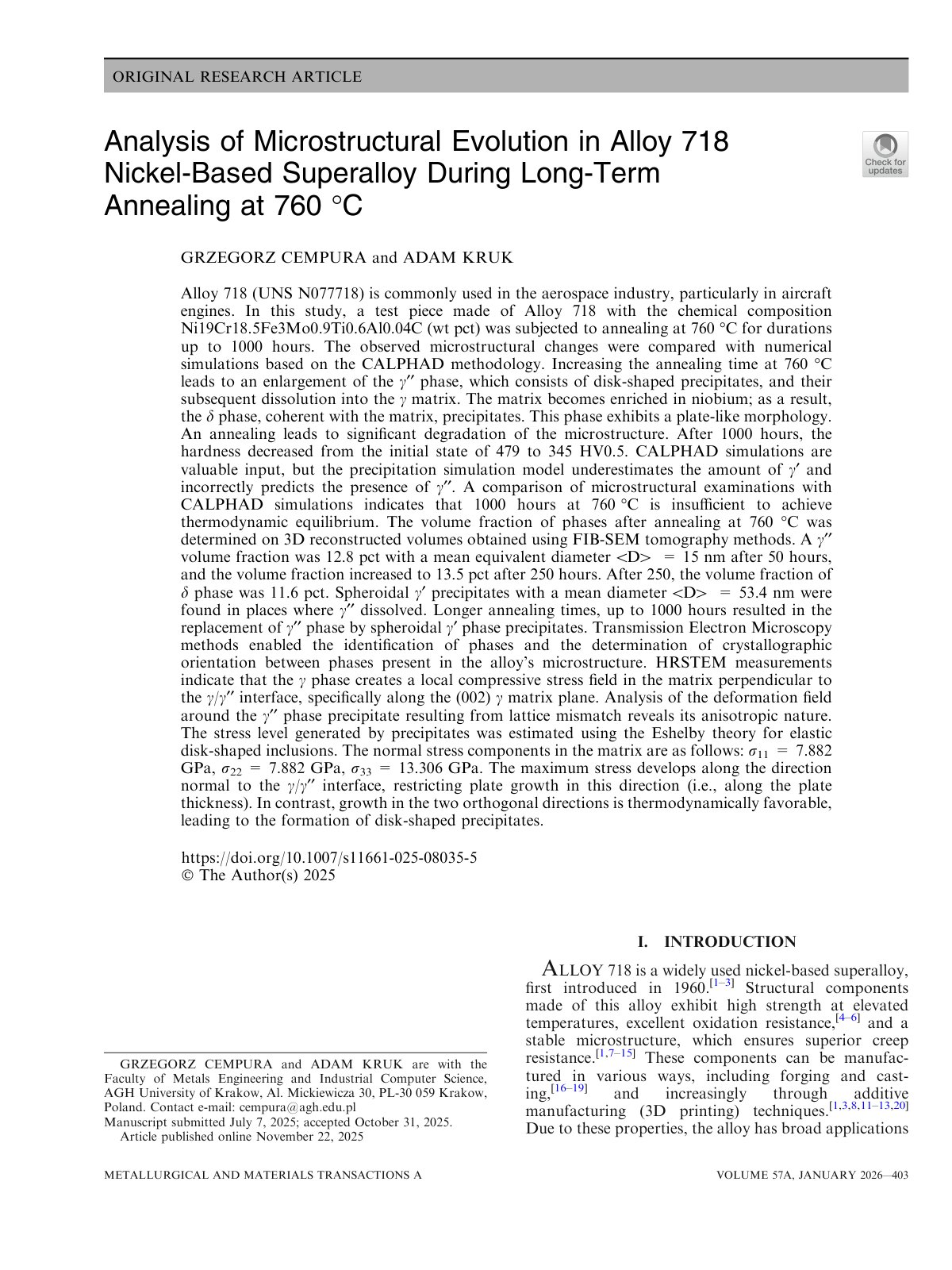 First page of 2026 Cempura Alloy 718 Long Term Annealing