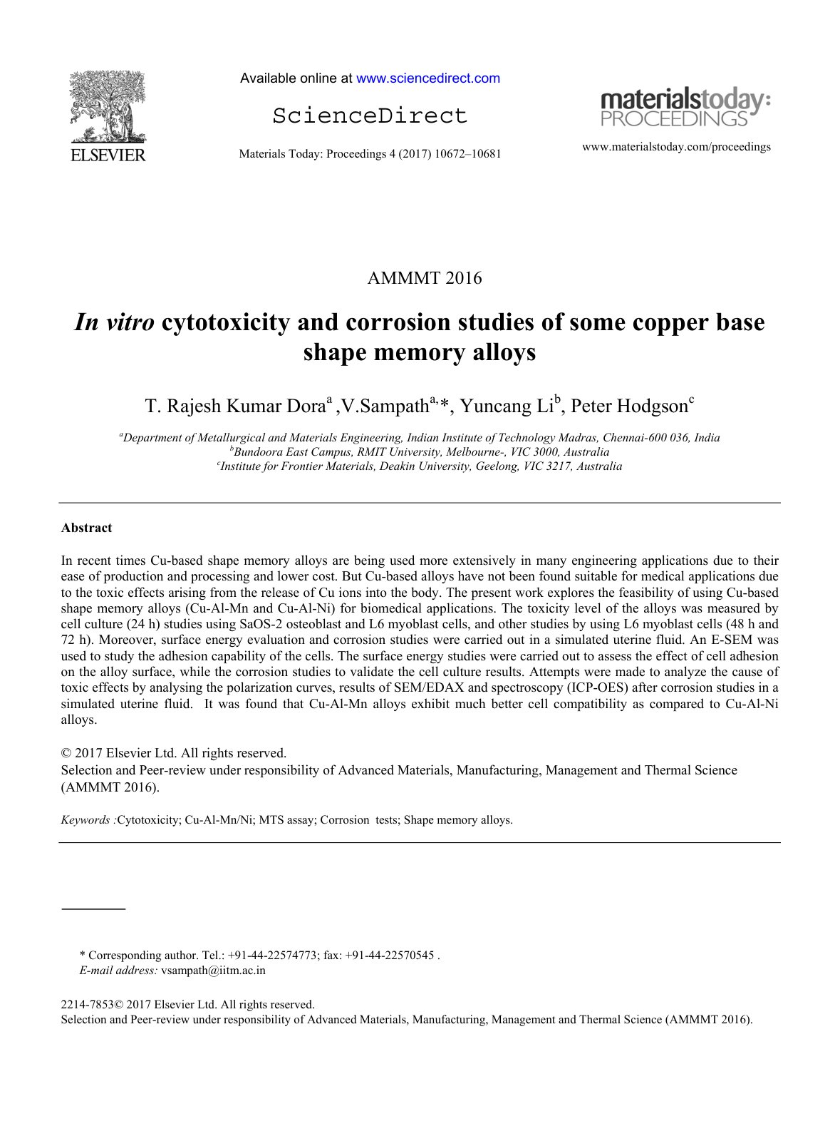 First page of In vitro cytotoxicity and corrosion studies of some copper base shape memory alloys