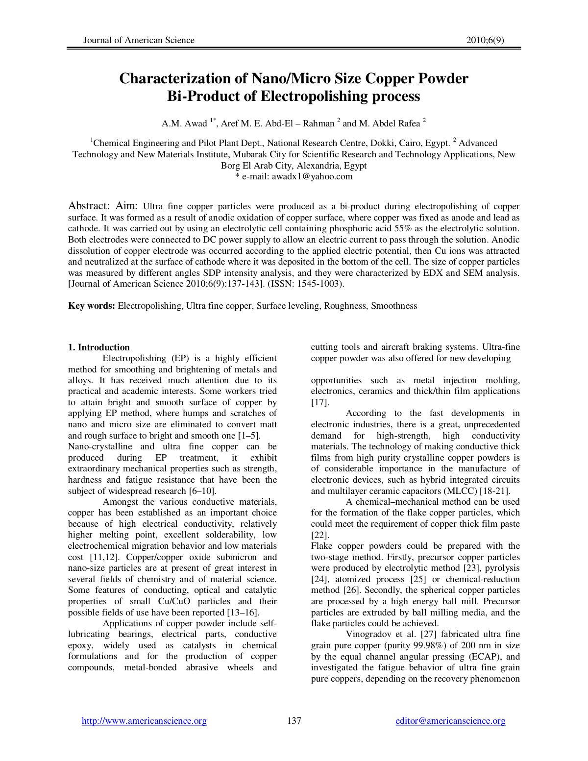 First page of Characterization of Nano/Micro Size Copper Powder Bi-Product of Electropolishing process