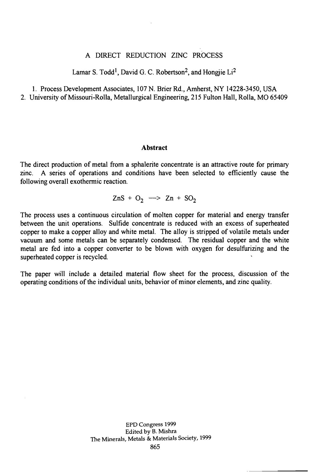 First page of A Direct Reduction Zinc Process