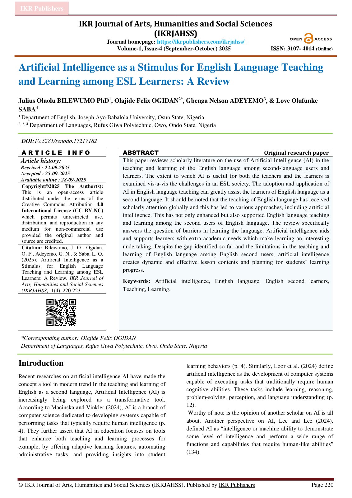 First page of Artificial Intelligence as a Stimulus fo