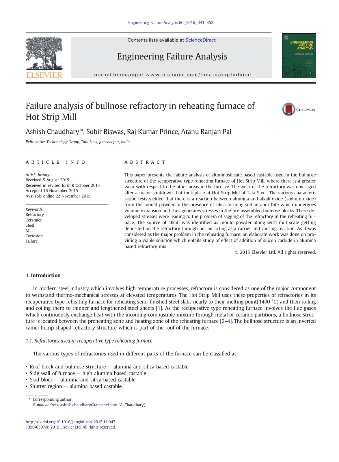First page of Failure analysis of bullnose refractory in reheating furnace of Hot Strip Mill