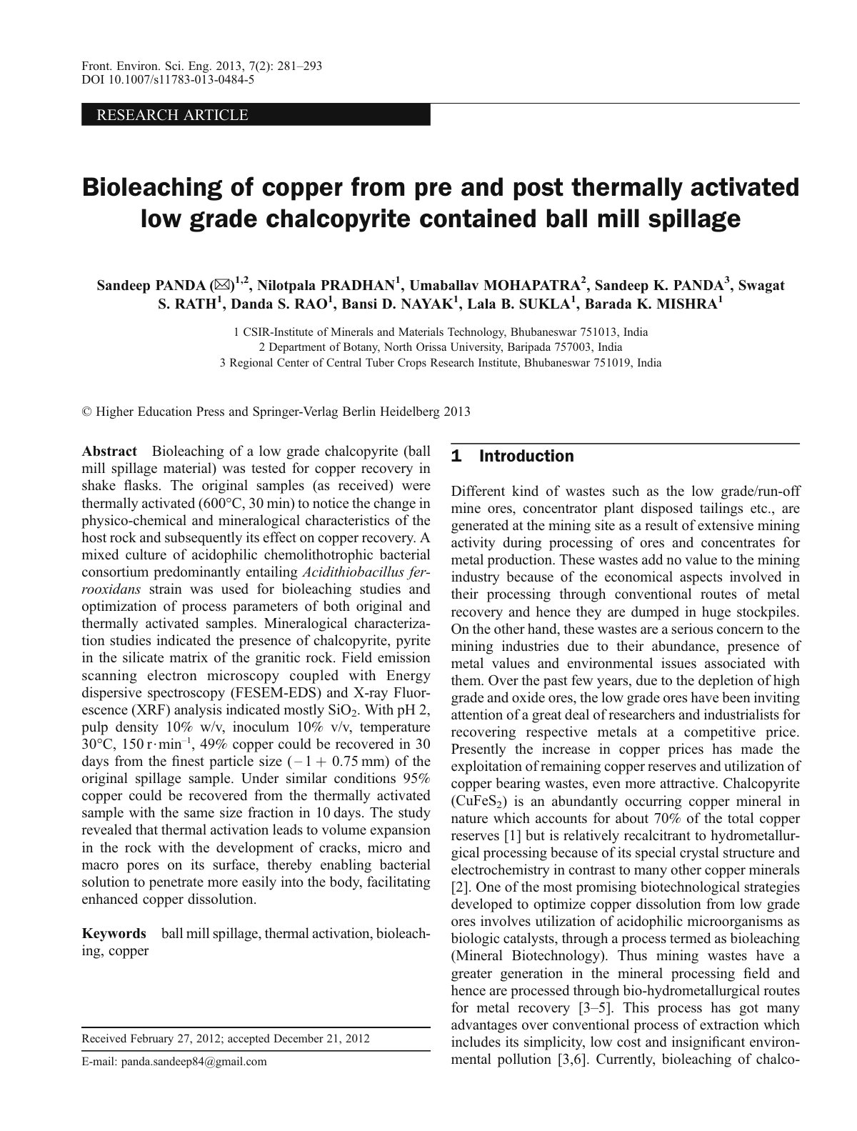 First page of Bioleaching of copper from pre and post